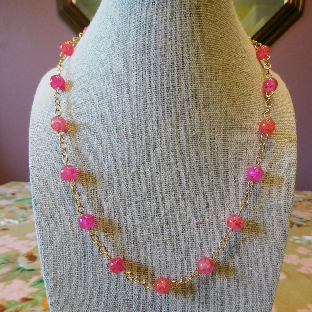 Handmade Gold Tone Chain & Glass Pink Beaded Necklace  - 18"